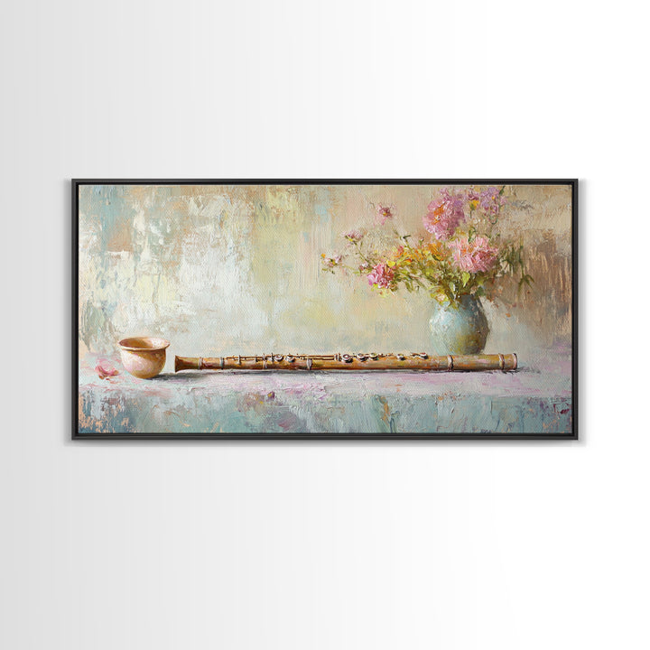 Rustic Flute Still Life With Pink Flowers, Framed Canvas Print, Music Room Wall Art, Farmhouse Decor, Gift For Music Lover
