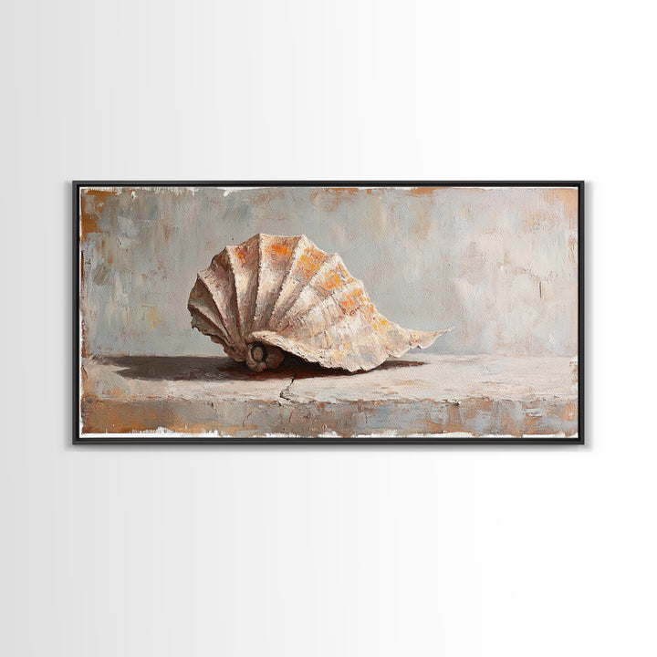 Textured Seashell Still Life In Neutral Tones, Framed Canvas Print, Coastal Wall Art, Beach House Decor, Nautical Wall Art