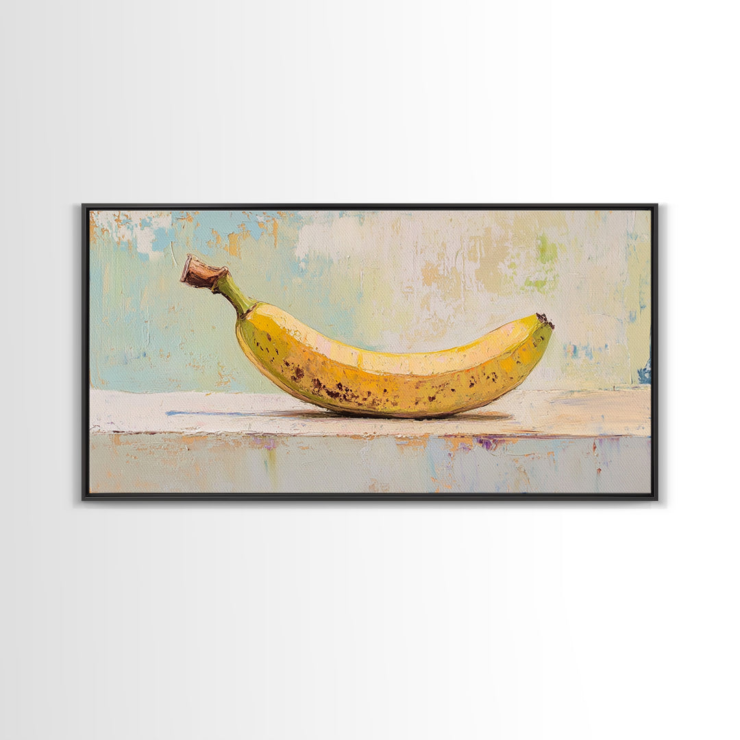 Bright Banana Still Life On Pale Blue, Framed Canvas Print, Kitchen Wall Art, Fruit Art, Colorful Kitchen Decor, Foodie Gift