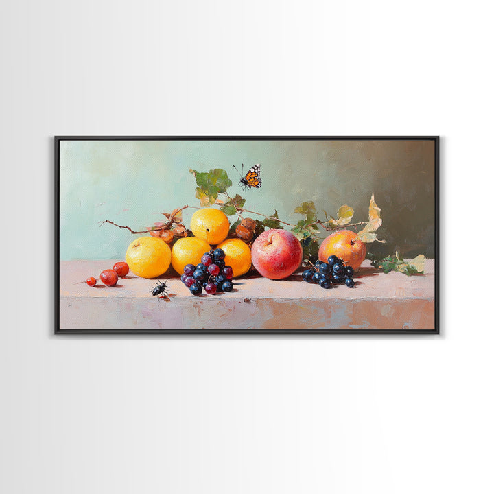 Oranges Grapes Apple Still Life With Butterfly, Canvas Print, Fruit Art, Kitchen Wall Art, Botanical Decor, Dining Room Print