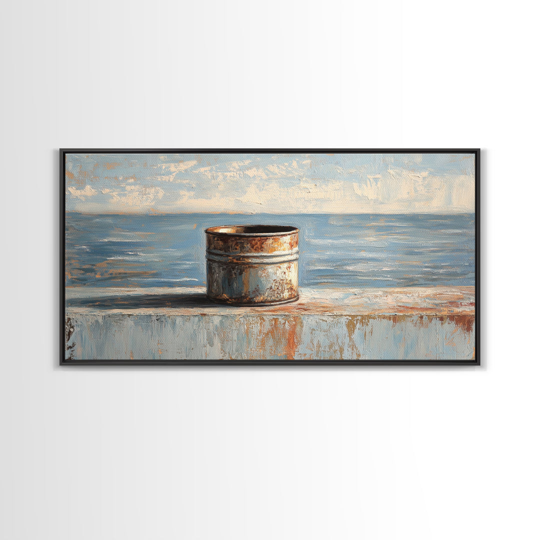 Rusty Tin Can By Blue Sea Wall Art, Coastal Industrial Still Life Canvas Print, Rustic Beach House Decor For Living Room