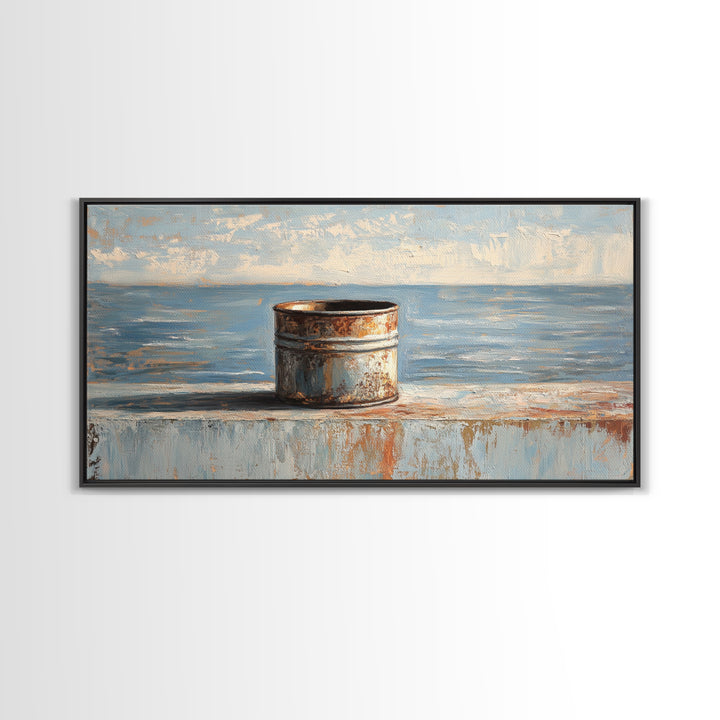 Rusty Tin Can By Blue Sea Wall Art, Coastal Industrial Still Life Canvas Print, Rustic Beach House Decor For Living Room