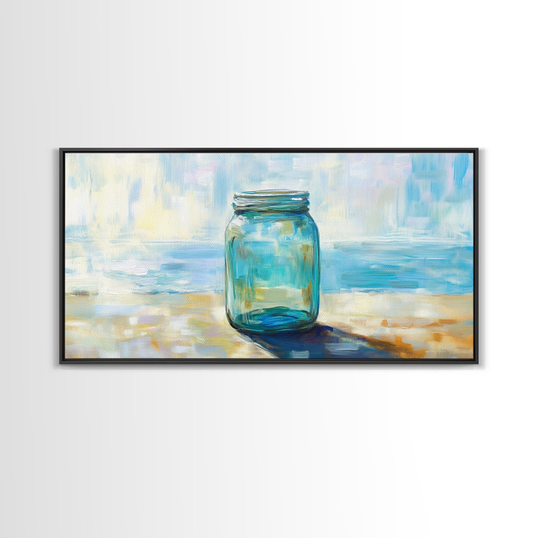 Blue Glass Mason Jar Wall Art, Coastal Still Life Canvas Print, Minimalist Beach House Decor For Kitchen Or Bathroom Art