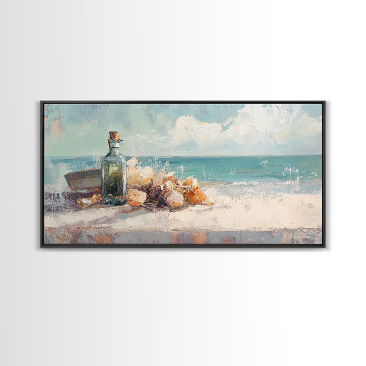 Sea Glass Bottle And Seashells Wall Art, Coastal Beach Framed Canvas Print, Nautical Decor For Bathroom Or Entryway Wall Decor