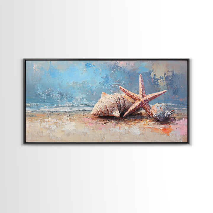 Starfish And Seashells On Sandy Shore Wall Art, Coastal Ocean Canvas Print, Beach House Decor For Bathroom Or Bedroom Wall Decor