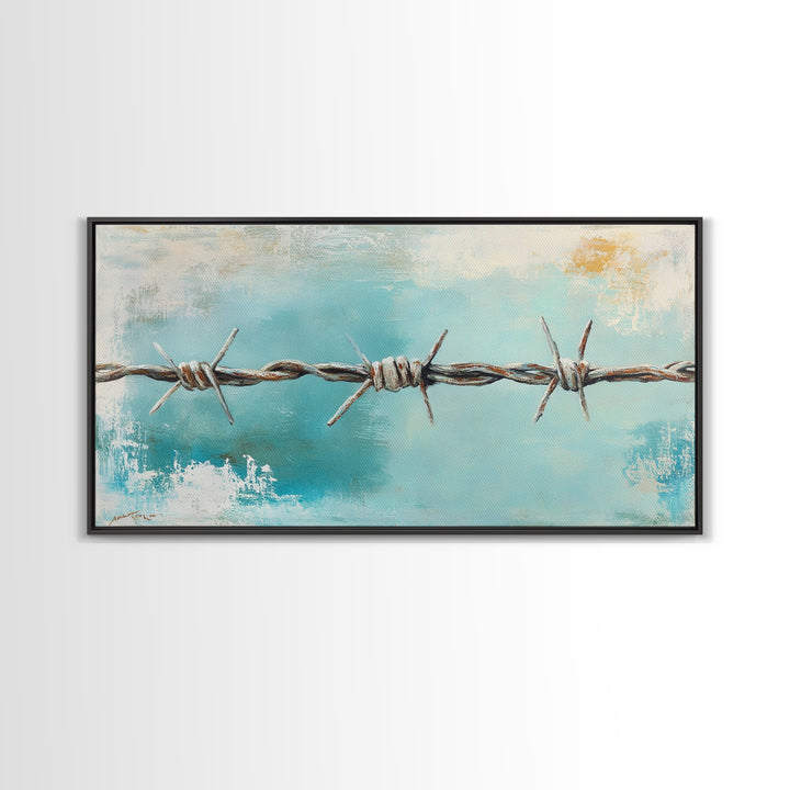 Rusty Barbed Wire Against Turquoise Sky Wall Art, Western Industrial Canvas Print, Modern Rustic Farmhouse Decor For Entryway