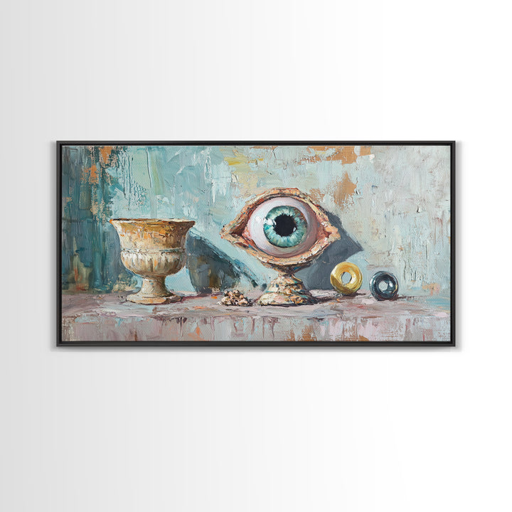 Surreal Blue Eye Relic And Antique Urn Wall Art, Mystical Eclectic Framed Canvas Print, Dark Academia Office Decor For Library