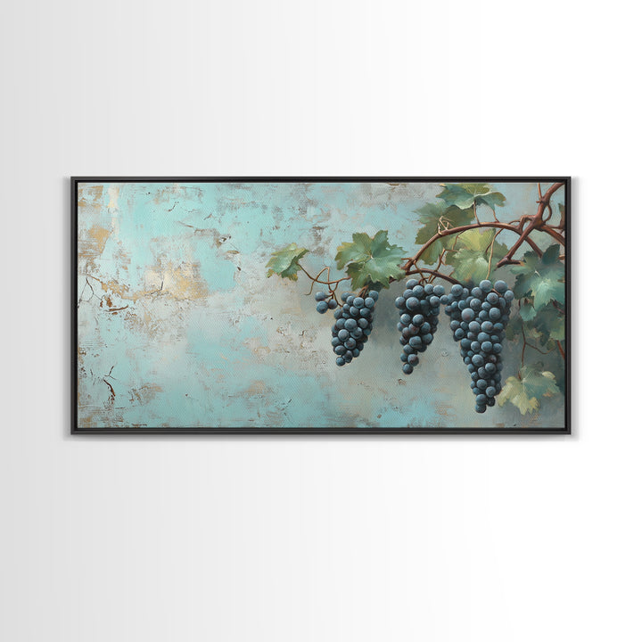 Blue Grapes On Vine Wall Art, Rustic Kitchen Decor, Vineyard Painting, Wine Country Print, Farmhouse Dining Room Canvas Art