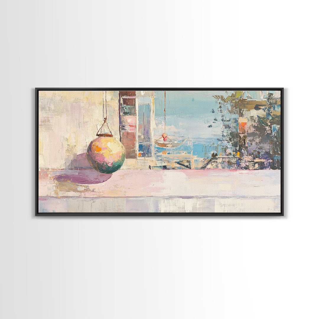 Pastel Seaside Window Canvas Print, Coastal Wall Art, Mediterranean Beach House Decor, Soft Ocean View Living Room Print
