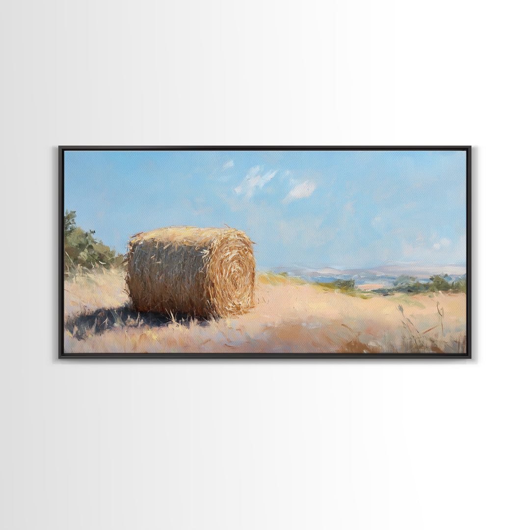 Golden Hay Bale Landscape Wall Art, Rustic Farmhouse Decor, Country Field Painting, Nature Print For Living Room Wall Decor