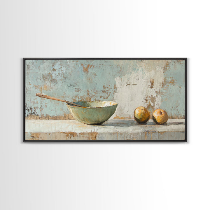 Rustic Bowl And Pears Canvas Print, Kitchen Wall Art, Farmhouse Still Life Painting, Country Dining Room Wall Decor Print