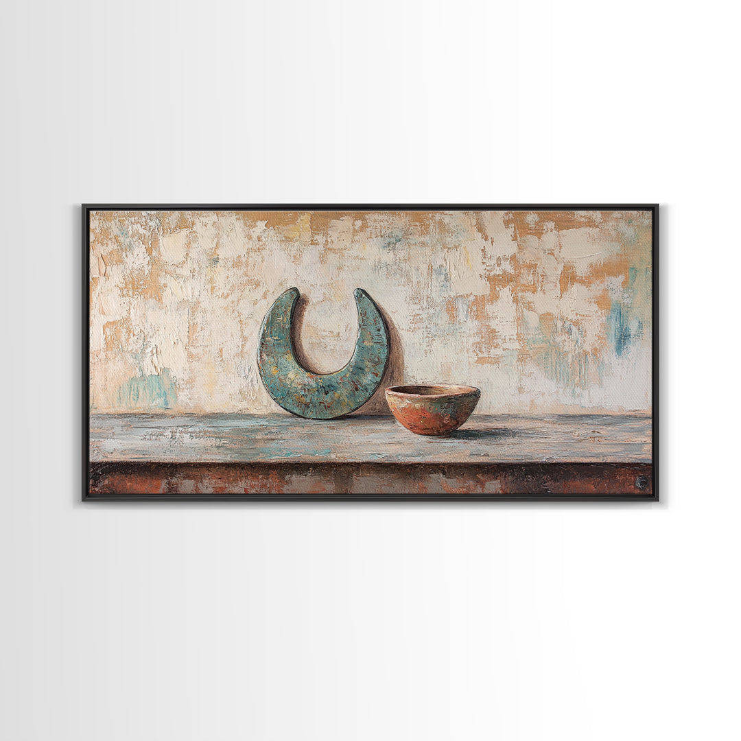 Turquoise Crescent Moon And Rustic Bowl Wall Art, Wabi Sabi Decor, Southwestern Still Life, Neutral Framed Canvas Print, Home Decor