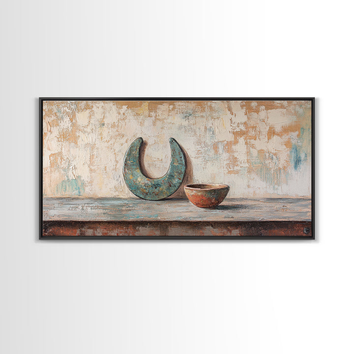 Turquoise Crescent Moon And Rustic Bowl Wall Art, Wabi Sabi Decor, Southwestern Still Life, Neutral Framed Canvas Print, Home Decor