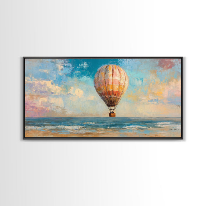 Hot Air Balloon Drifting Over Ocean Canvas Print, Coastal Wall Art, Travel Poster Style, Colorful Beach House Living Room Decor