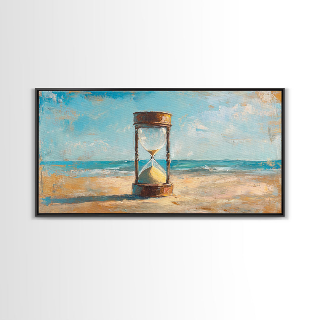 Hourglass In Sand By Turquoise Sea Canvas Print, Coastal Wall Art, Beach House Decor, Ocean Landscape, Summer Home Decor