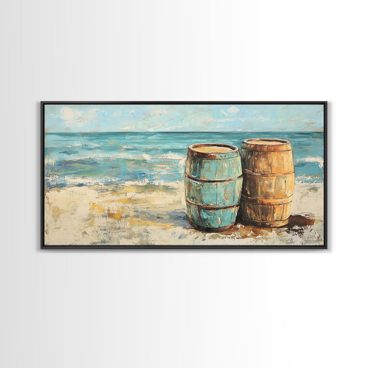 Weathered Barrels On Sandy Beach Wall Art, Coastal Canvas Print, Nautical Beach House Decor, Seascape Ocean Living Room Art