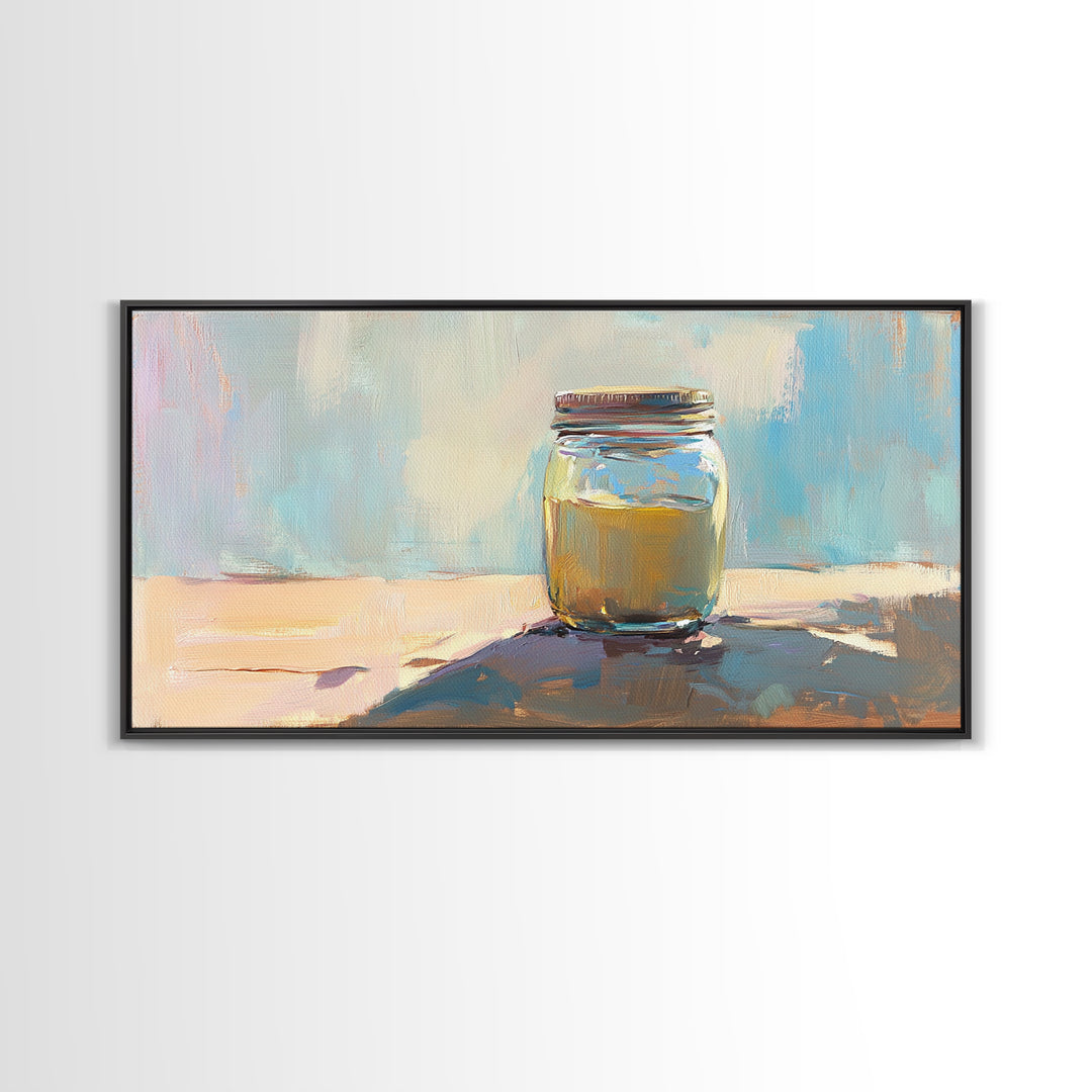 Sunlit Mason Jar Still Life Wall Art, Soft Blue Canvas Print For Kitchen Decor, Rustic Home Decor And Housewarming Gift Idea