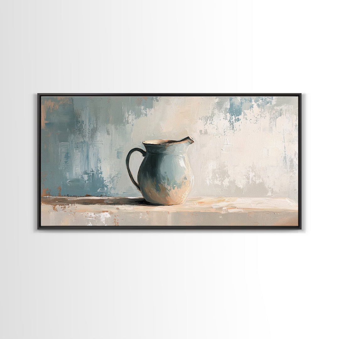 Blue Ceramic Pitcher Minimalist Still Life Wall Art, Neutral Canvas Print For Kitchen Decor, Farmhouse Decor And Office Decor
