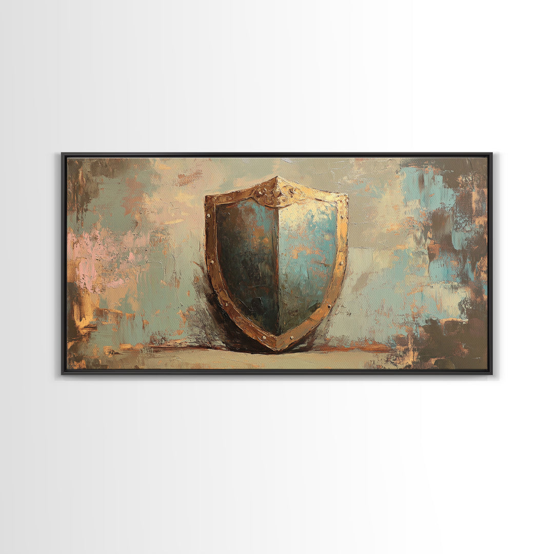 Antique Blue Shield Framed Canvas Print, Medieval Wall Art, Fantasy Decor, Rustic Office Decor, Man Cave Gift For Him, Home Decor