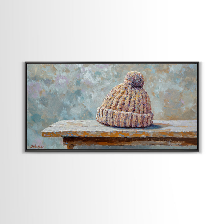 Cozy Knit Beanie Still Life Wall Art, Winter Cabin Decor, Rustic Canvas Print, Neutral Bedroom Art, Gift For Her, Housewarming Gift