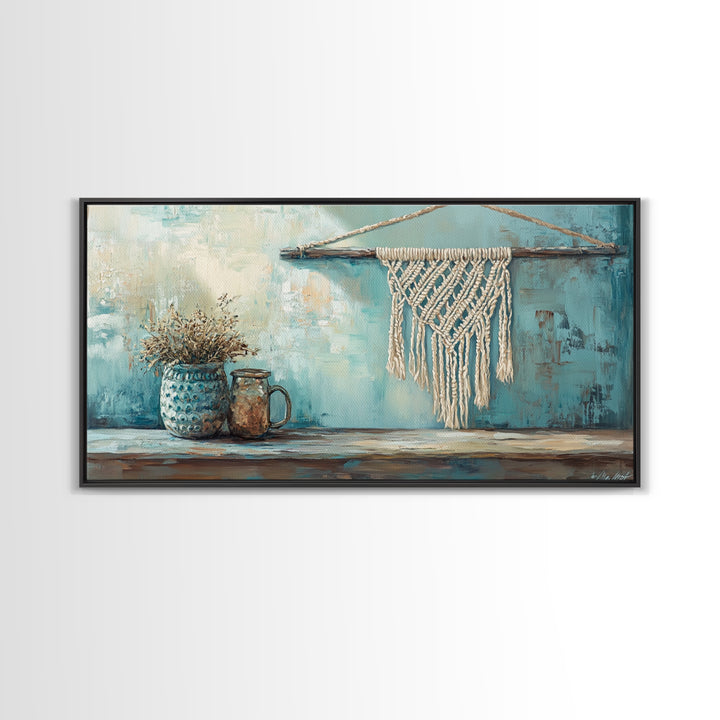 Macrame Hanging And Dried Flowers Framed Canvas Print, Boho Wall Art, Rustic Home Decor, Neutral Living Room Decor, Housewarming Gift