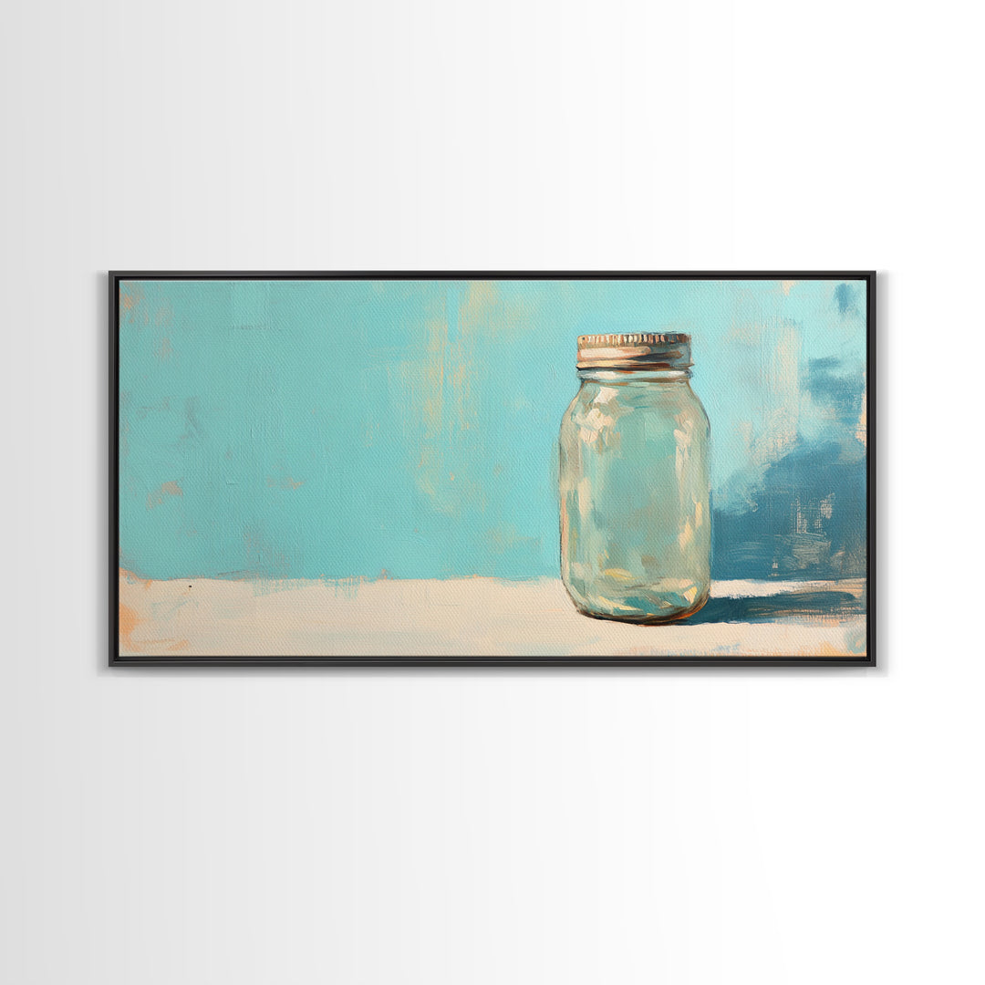 Single Mason Jar On Turquoise Background Wall Art, Minimalist Kitchen Print, Farmhouse Decor, Rustic Home Decor, Gift For Her