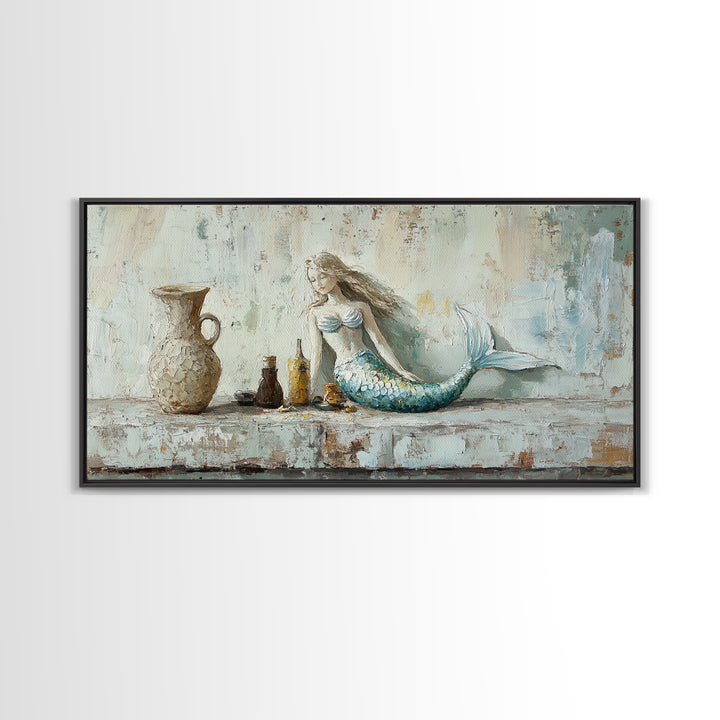 Rustic Mermaid Shelf Still Life Canvas Print, Coastal Wall Art, Beach House Decor, Nautical Bathroom Decor, Gift For Her
