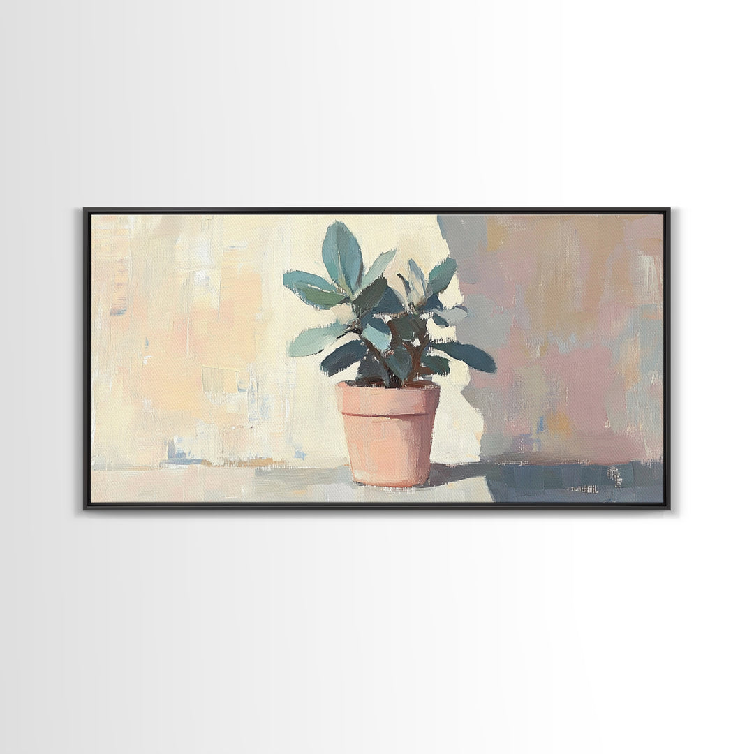 Potted Plant In Pink Pot Framed Canvas Print, Botanical Wall Art, Sage Green Decor, Modern Farmhouse Home Decor Gift Idea