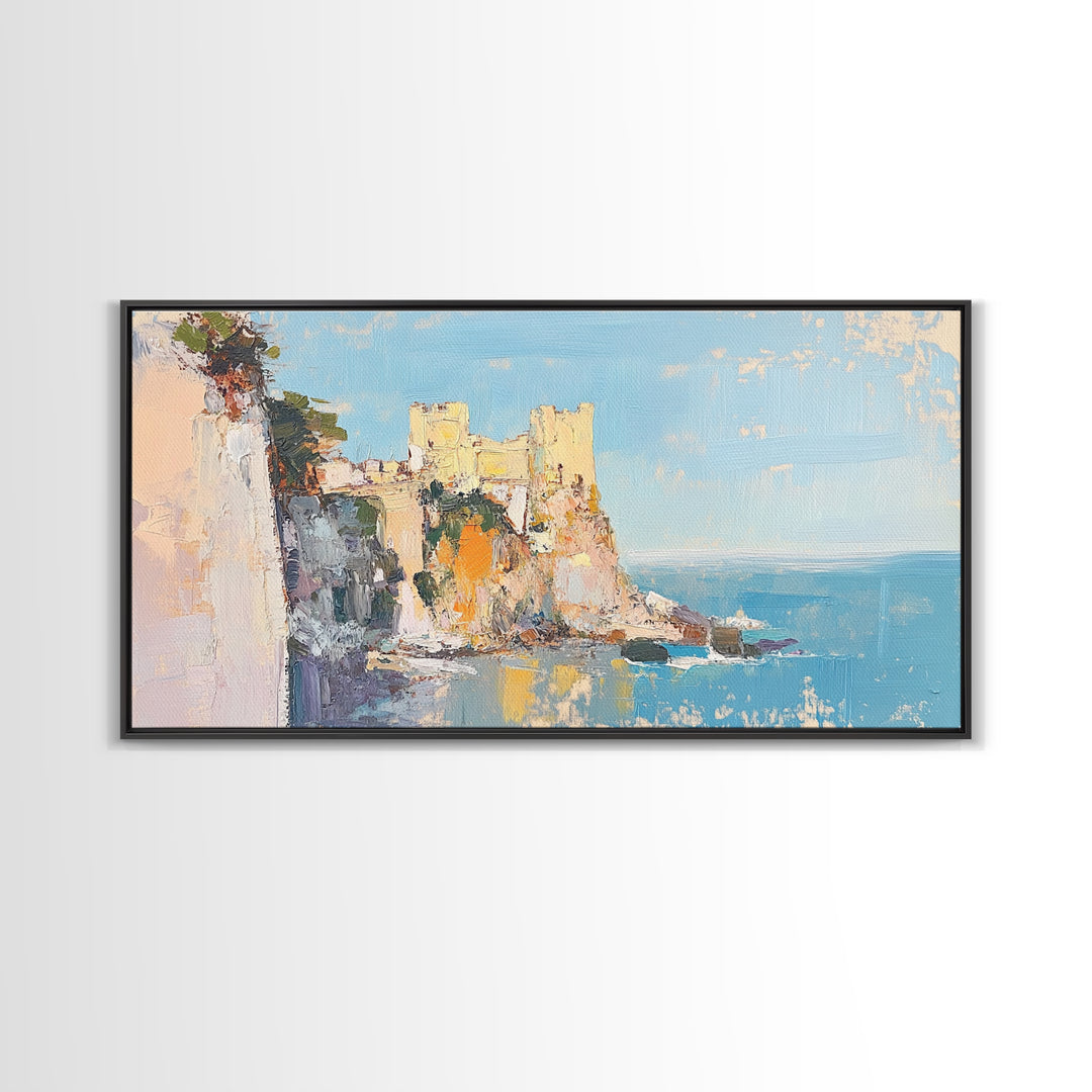 Sunlit Coastal Castle By Blue Sea Canvas Print, Mediterranean Wall Art, Italy Coast Decor, Seascape Painting, Travel Gift
