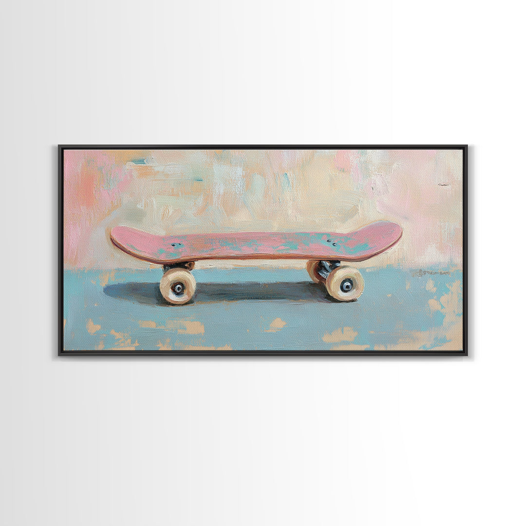 Pink Skateboard On Blue Wall Framed Canvas Print, Retro Wall Art, Teen Room Decor, Preppy Wall Art, Dopamine Decor Gift Idea