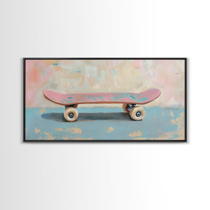 Pink Skateboard On Blue Wall Framed Canvas Print, Retro Wall Art, Teen Room Decor, Preppy Wall Art, Dopamine Decor Gift Idea