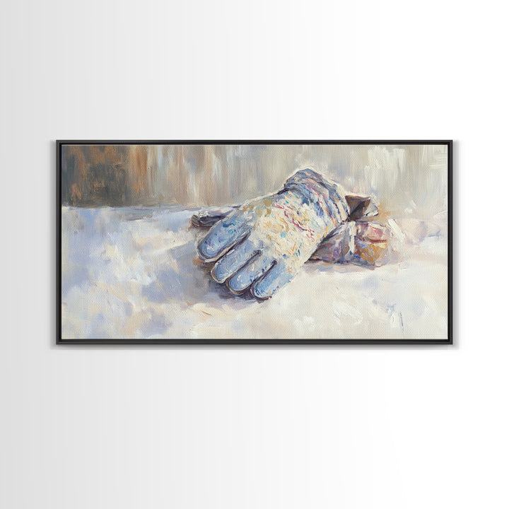 Snowy Blue Winter Glove Oil Painting Wall Art, Rustic Cabin Decor, Neutral Home Decor, Cozy Bedroom Art, Housewarming Gift