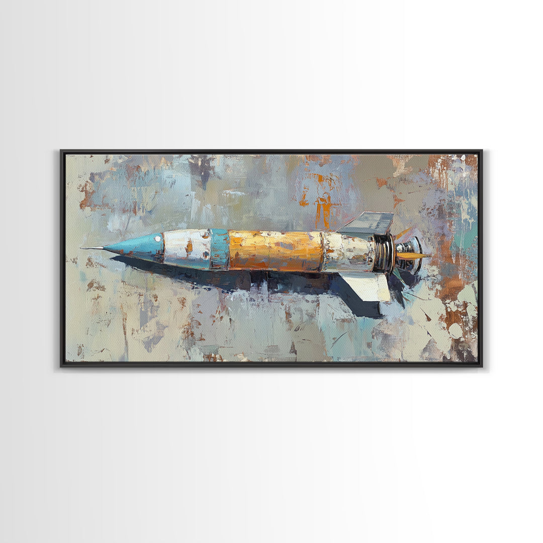 Retro Rocket Ship Oil Painting Wall Art, Space Lover Gift, Sci Fi Wall Decor, Industrial Art Print, Futuristic Home Decor