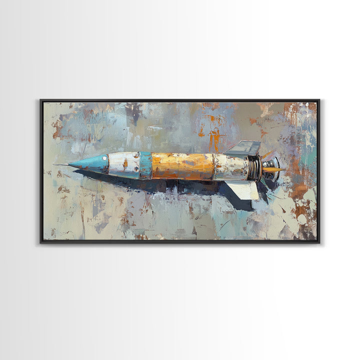 Retro Rocket Ship Oil Painting Wall Art, Space Lover Gift, Sci Fi Wall Decor, Industrial Art Print, Futuristic Home Decor