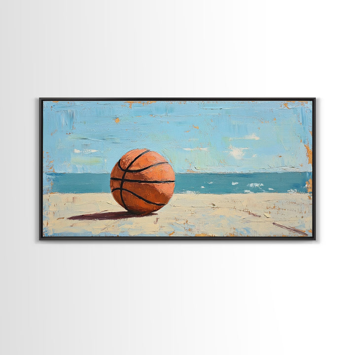 Basketball On Sandy Beach Canvas Print, Coastal Wall Art, Boys Room Decor, Sports Poster, Ocean Wall Decor, Gift For Him
