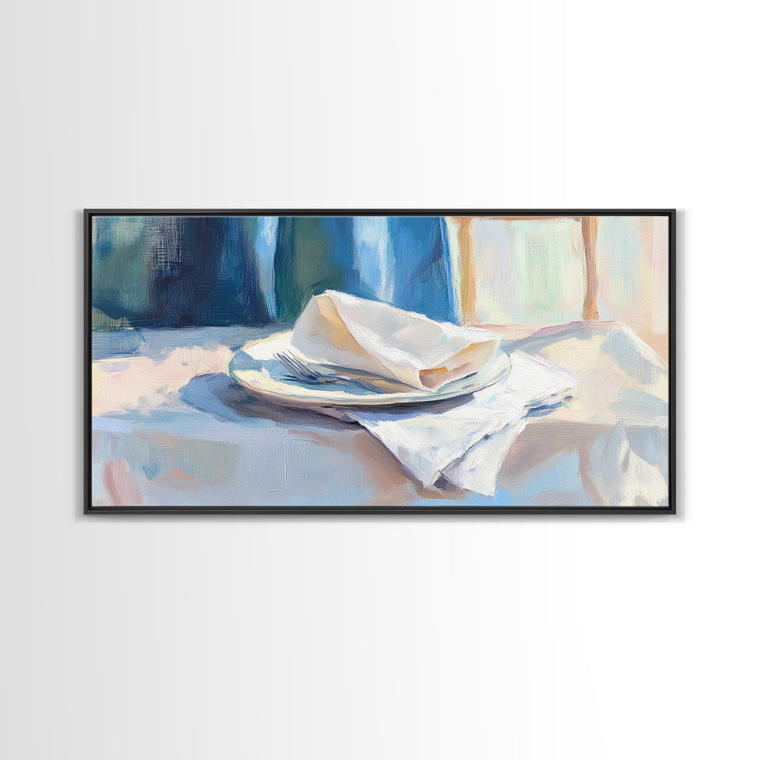 Blue Linen Plate Still Life Wall Art, Dining Room Print, Kitchen Decor, Modern Farmhouse Canvas, Neutral Home Decor, Housewarming Gift