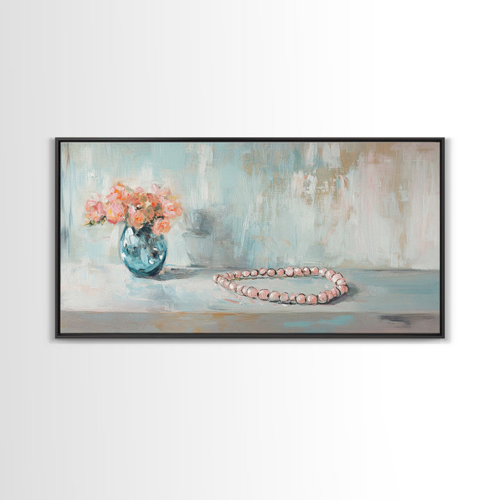 Pink Flowers And Pearl Necklace Framed Canvas Print, Feminine Wall Art, Romantic Bedroom Decor, Gift For Her, Soft Pastel Art