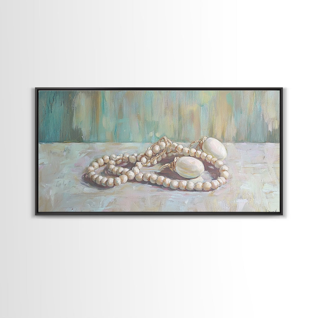 White Pearl Necklace Still Life Wall Art, Feminine Coastal Decor, Elegant Bathroom Art, Romantic Bedroom Canvas Print, Gift For Her