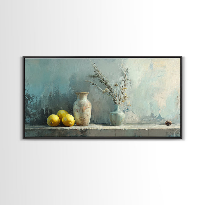 Lemons And Ceramic Vases Canvas Print, Rustic Kitchen Wall Art, French Country Decor, Neutral Still Life, Farmhouse Home Decor
