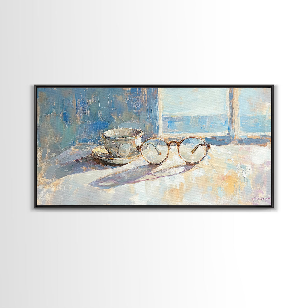 Eyeglasses And Teacup By Window Wall Art, Reading Nook Decor, Book Lover Gift, Cozy Office Canvas Print, Light Academia Decor