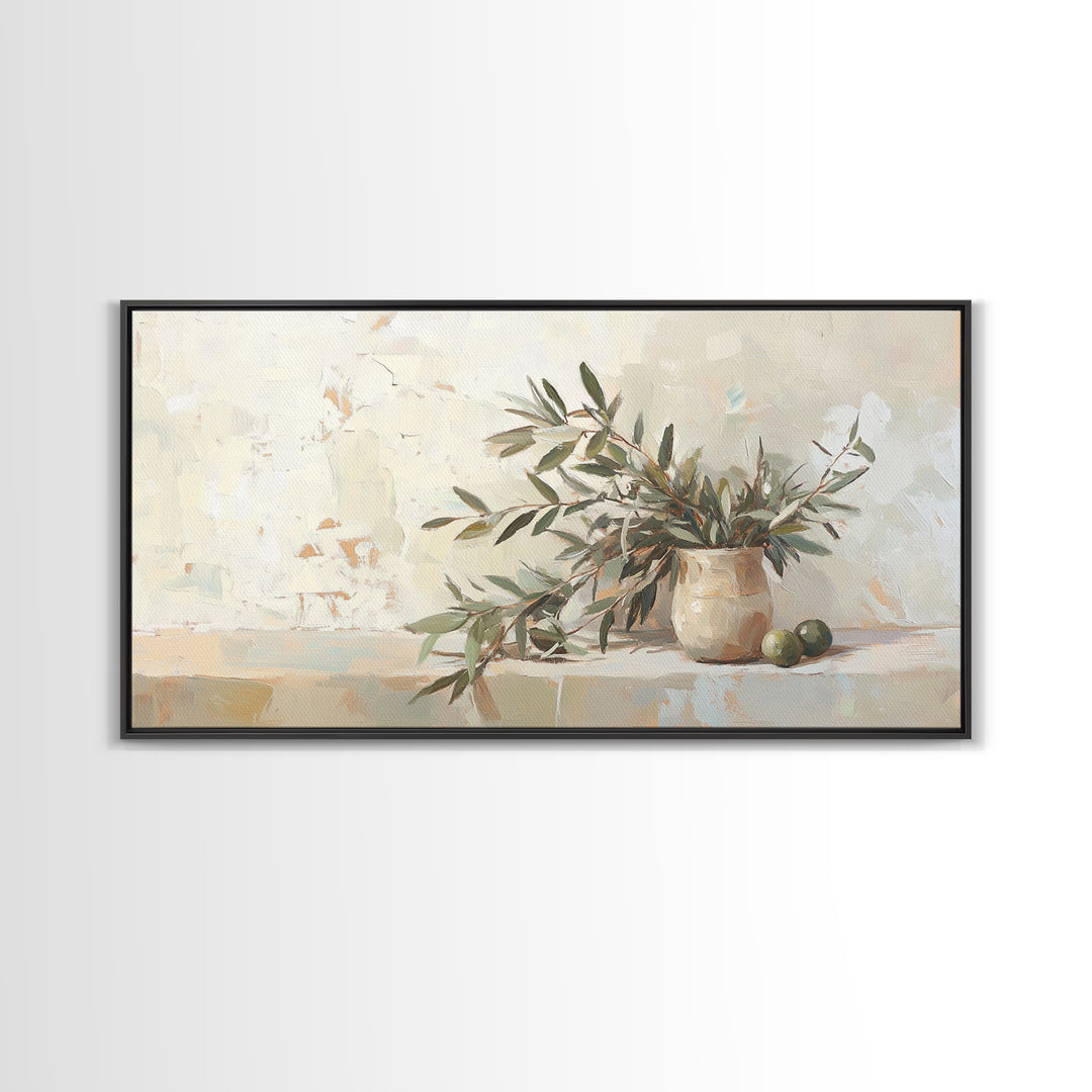 Olive Branches In Ceramic Vase Framed Canvas Print, Neutral Kitchen Decor, Botanical Wall Art, Mediterranean Home Decor Gift
