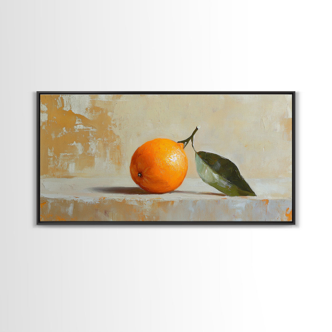 Single Orange With Glossy Green Leaf Canvas Print, Minimalist Kitchen Wall Art, Fruit Still Life, Modern Home Decor Gift
