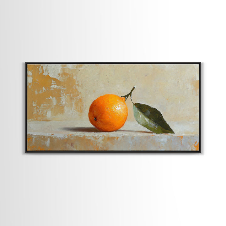 Single Orange With Glossy Green Leaf Canvas Print, Minimalist Kitchen Wall Art, Fruit Still Life, Modern Home Decor Gift