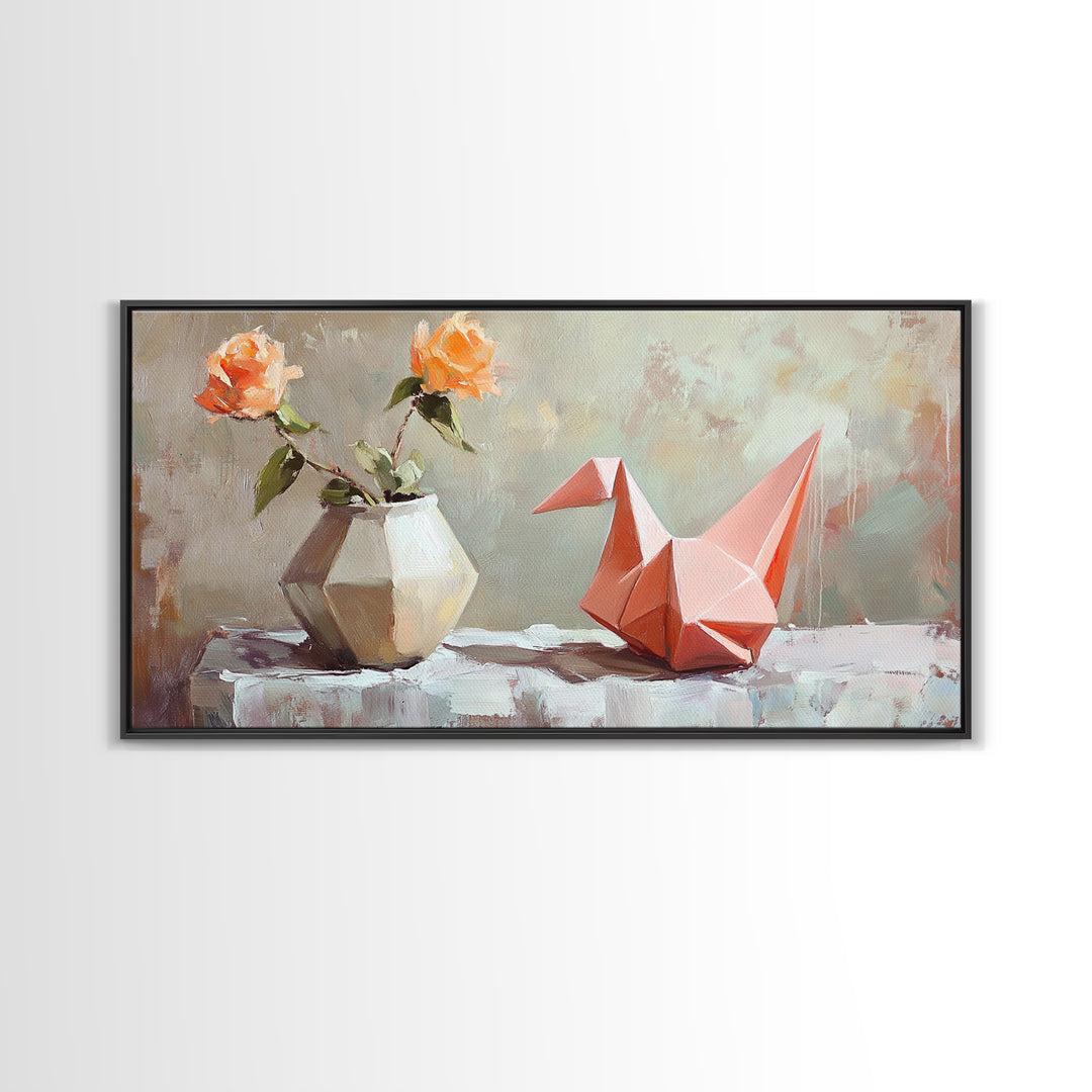 Pink Origami Fox With Peach Roses Wall Art, Whimsical Still Life Canvas Print, Girly Room Decor, Unique Gift For Her, Cute Prints