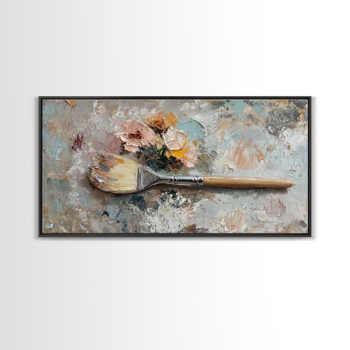 Palette Knife Paintbrush With Soft Roses Wall Art, Artist Studio Decor, Floral Still Life Canvas Print, Gift For Art Lover