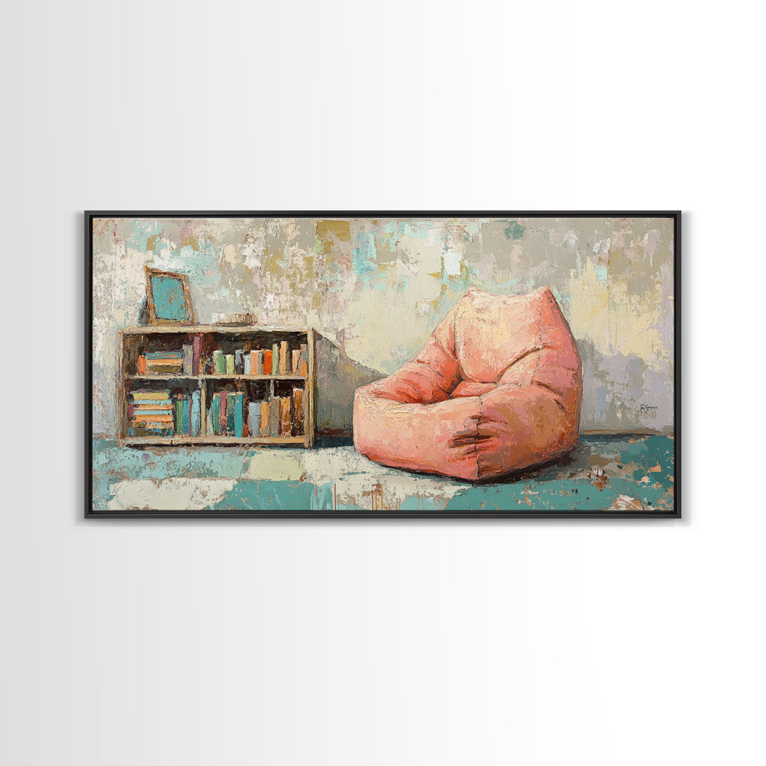 Cozy Pink Bean Bag Chair And Bookshelf Wall Art, Reading Nook Decor, Book Lover Art, Kids Room Canvas Print, Playroom Decor