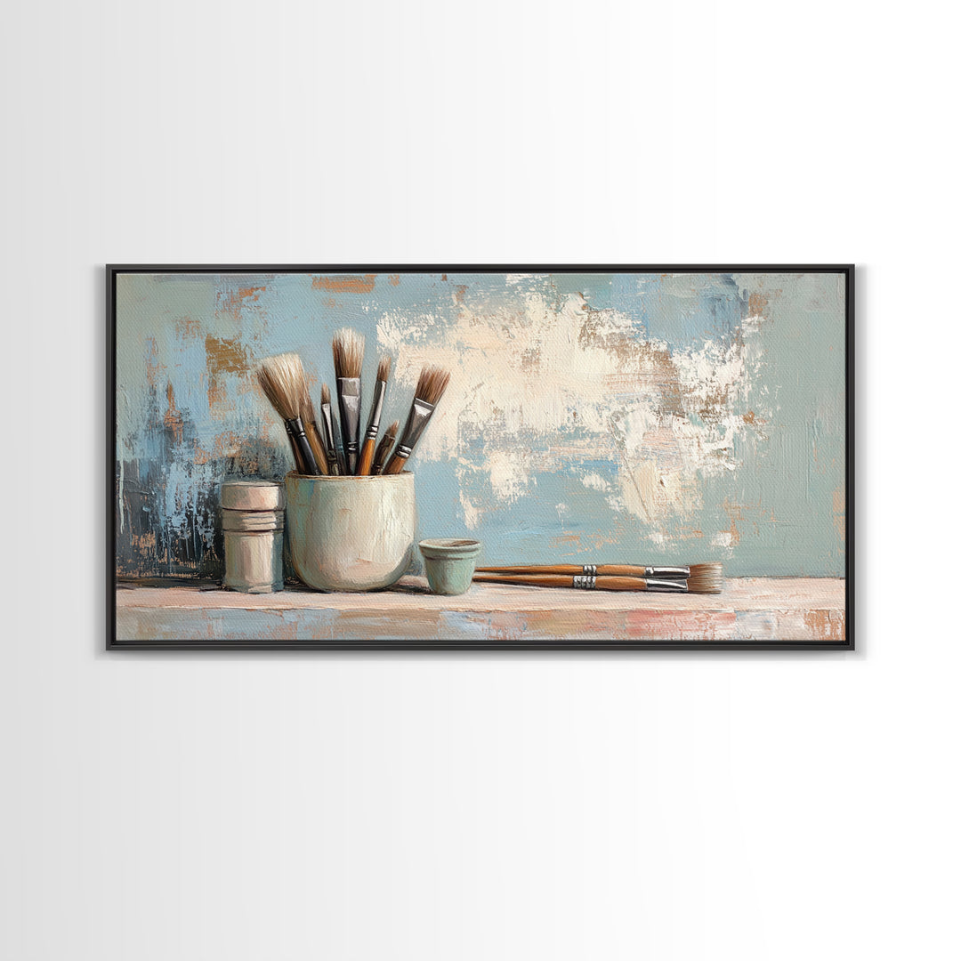 Artist Brushes In Ceramic Cup Canvas Print, Art Studio Wall Art, Creative Office Decor, Neutral Modern Home Decor Housewarming Gift