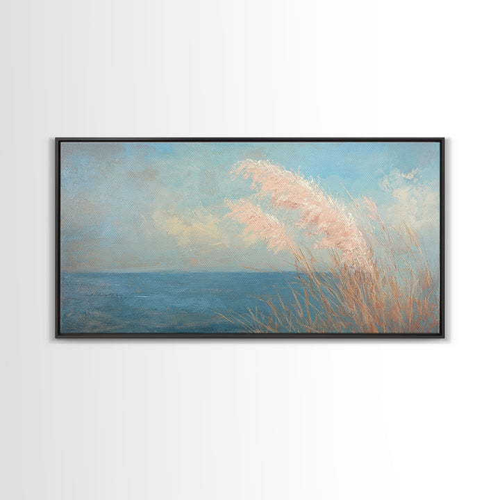 Soft Pampas Grass By Blue Sea Wall Art, Coastal Canvas Print, Minimalist Beach House Decor, Serene Nature Wall Decor, For Bedroom