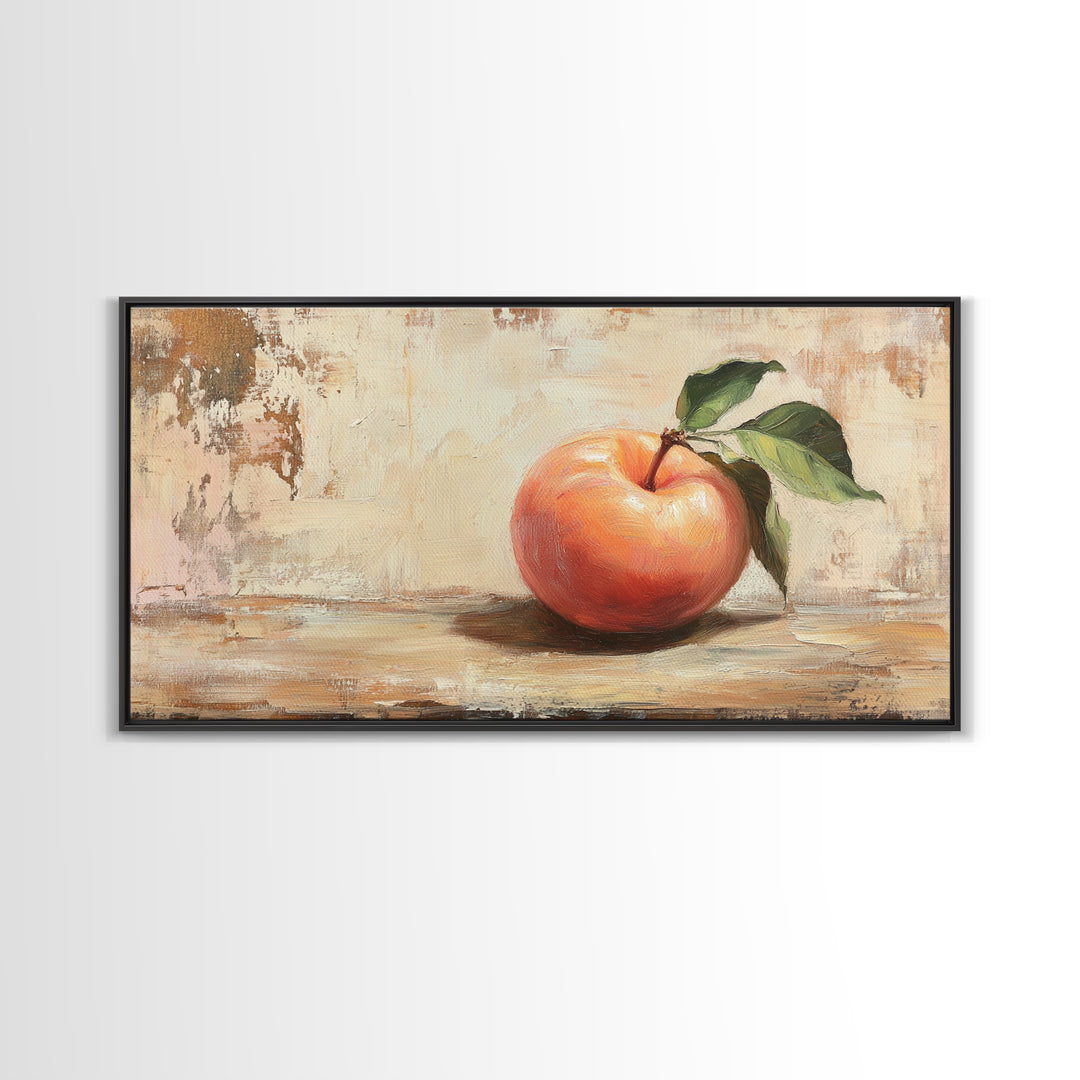 Rustic Red Apple With Green Leaves Canvas Print, Kitchen Wall Art, Farmhouse Still Life Decor, Fruit Painting Home Decor
