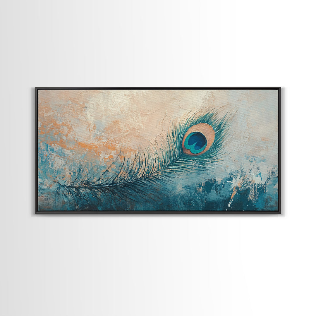 Teal Peacock Feather On Textured Beige Wall Art, Boho Canvas Print, Bird Lover Gift, Eclectic Coastal Home Decor, For Bedroom